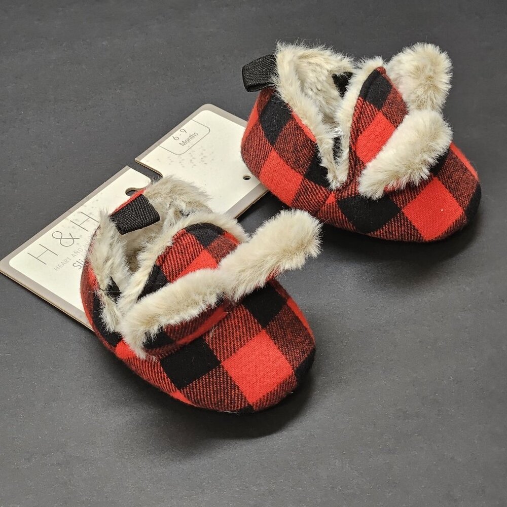 Holiday Time Family Bear Baby Unisex Red & Black Plaid Slippers Size 6-9 Months